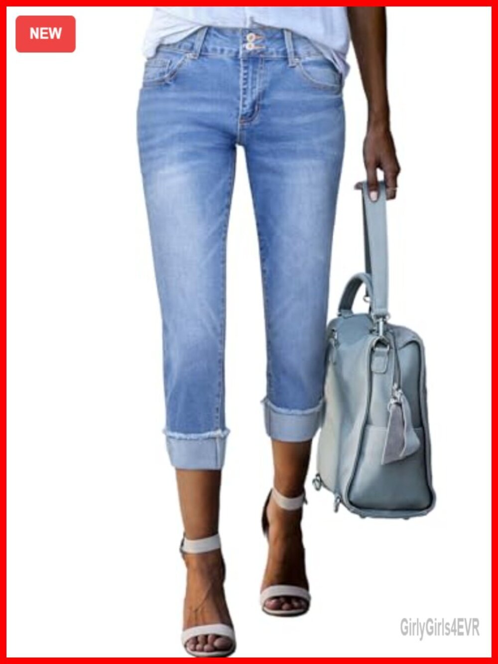 High Waisted Stretchy Roll-up Skinny Cuffed Cropped Capri Jeans